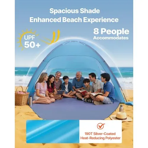 VEVOR Strandmuschel Sonnenschutz für 8 Personen, UPF 50+ Schutz, Tragbares Strandzelt mit Tragetasche & Bodenverankerungen, Leichter Strandsonnenschirm für Camping Angeln Picknick, Sonnenzelt VEVOR Strandmuschel Sonnenschutz für 8 Personen, UPF 50+ Schutz, Tragbares Strandzelt mit Tragetasche & Bodenverankerungen, Leichter Strandsonnenschirm für Camping Angeln Picknick, Sonnenzelt