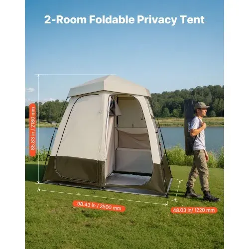 VEVOR Duschzelt mit 2 Räumen, Toilettenzelt (250x122x218 cm) mit Sichtschutz, Umkleidezelt inkl. Heringen & Seilen & Tragetasche & Querstange, aus 150D Oxford-Gewebe für Camping Strand Angeln Khaki VEVOR Duschzelt mit 2 Räumen, Toilettenzelt (250x122x218 cm) mit Sichtschutz, Umkleidezelt inkl. Heringen & Seilen & Tragetasche & Querstange, aus 150D Oxford-Gewebe für Camping Strand Angeln Khaki
