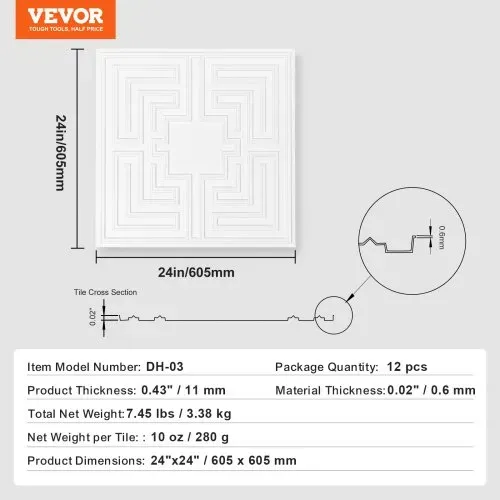 VEVOR Deckenfliesen, 12er-Pack 24 x 24 Zoll, abgehängte Deckenfliesen aus hochwertigem PVC-Blatt, einfache Installation/Zuschneiden, Kunststoff-Deckenfliesen zum Aufkleben, Deckenverkleidung für Heim-/Bürodekoration, weißes Echo-Muster – Bild 6