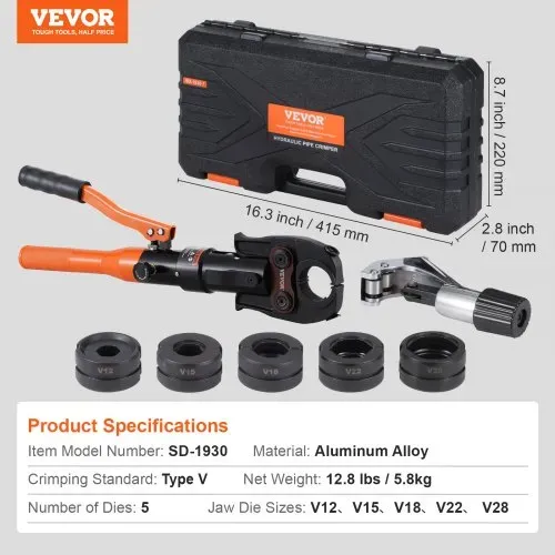 VEVOR Hydraulisches Rohr-Crimpwerkzeug für Kupferrohrverbindungen, Presszange mit V12, V15, V18, V22, V28 Schnellwechselbacken, 360° drehbares Pressset für T-Verbindungen auf engstem Raum, hydraulisch angetrieben – Bild 6