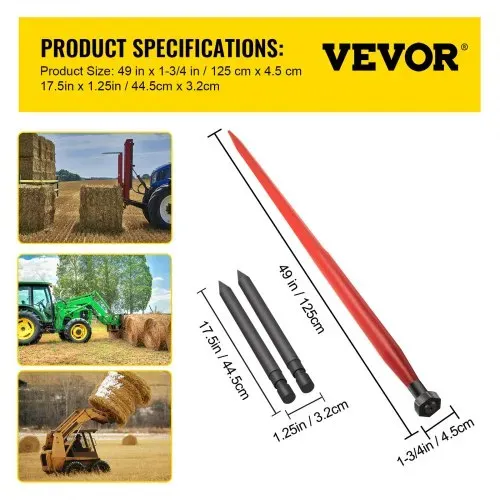 VEVOR Frontladerzinken, 125 cm, Zinken, 1360 kg Kapazität, schnell anzubringender Ballenspieß, quadratische Heuballenspeere, 1 3/4 Zoll breit, rot beschichtet, Ballengabel mit 2 Stabilisatoren – Bild 6