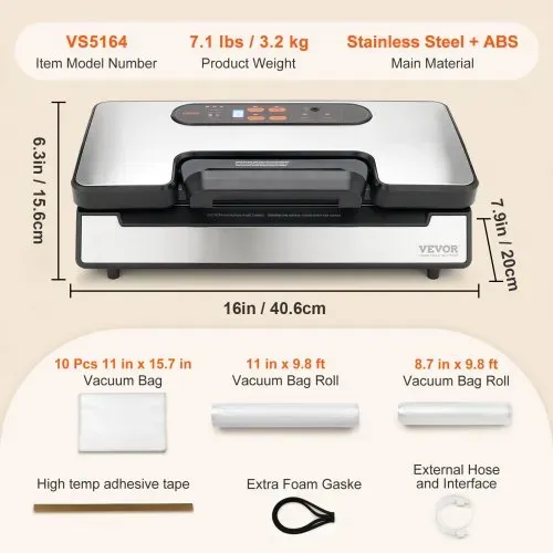 VEVOR Vakuumiergerät 130W Vakuumierer 90Kpa Einschweißgerät 30cm Dichtungslänge Folienschweißgerät für trockene oder feuchte Lebensmittel Inkl. 10x Vakuumbeutel,2x Vakuumbeutelrolle und Schlauch – Bild 6