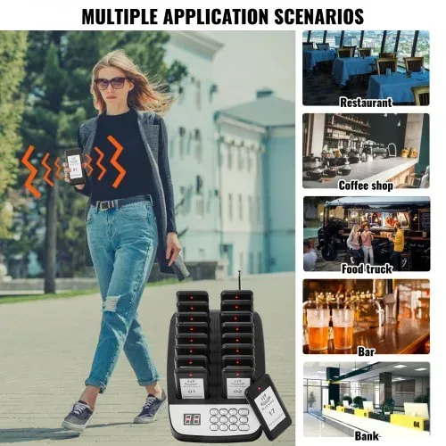 VEVOR Restaurant-Pager-System, Kabelloses Warteschlangensignal mit 500 m Reichweite, Piepser zur Rufannahme von Gästen mit Vibration und Blinken, 16 Pager für Imbisswagen, Kirche – Bild 5