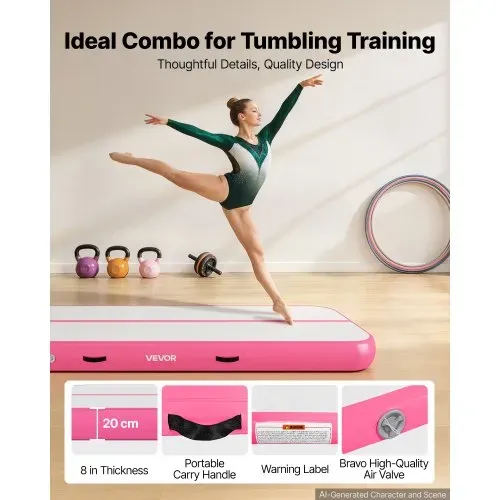 VEVOR Aufblasbare Gymnastikmatte 300x100x20 cm Airtrack-Turnmatte für Training, Wettkampfsport & Yoga, mit Rutschfester Oberfläche, 600-W-Elektroluftpumpe, Reparaturflicken, Düsen & Tasche, Rosa – Bild 4