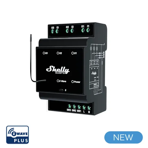 Shelly · Hutschiene · „Wave Pro 3“ · Relais · max. 48 A · 3 Phasen · 3x 16A · Z-Wave Shelly · Hutschiene · „Wave Pro 3“ · Relais · max. 48 A · 3 Phasen · 3x 16A · Z-Wave