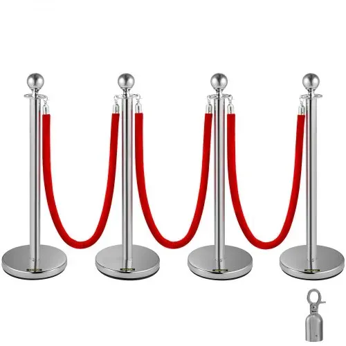 VEVOR Edelstahl Absperrpfosten Seil Abgrenzungsständer Kugelkopf 3 Rote Samtseile Silberne Säule 4 Packung Crowd Control Barriers VEVOR Edelstahl Absperrpfosten Seil Abgrenzungsständer Kugelkopf 3 Rote Samtseile Silberne Säule 4 Packung Crowd Control Barriers