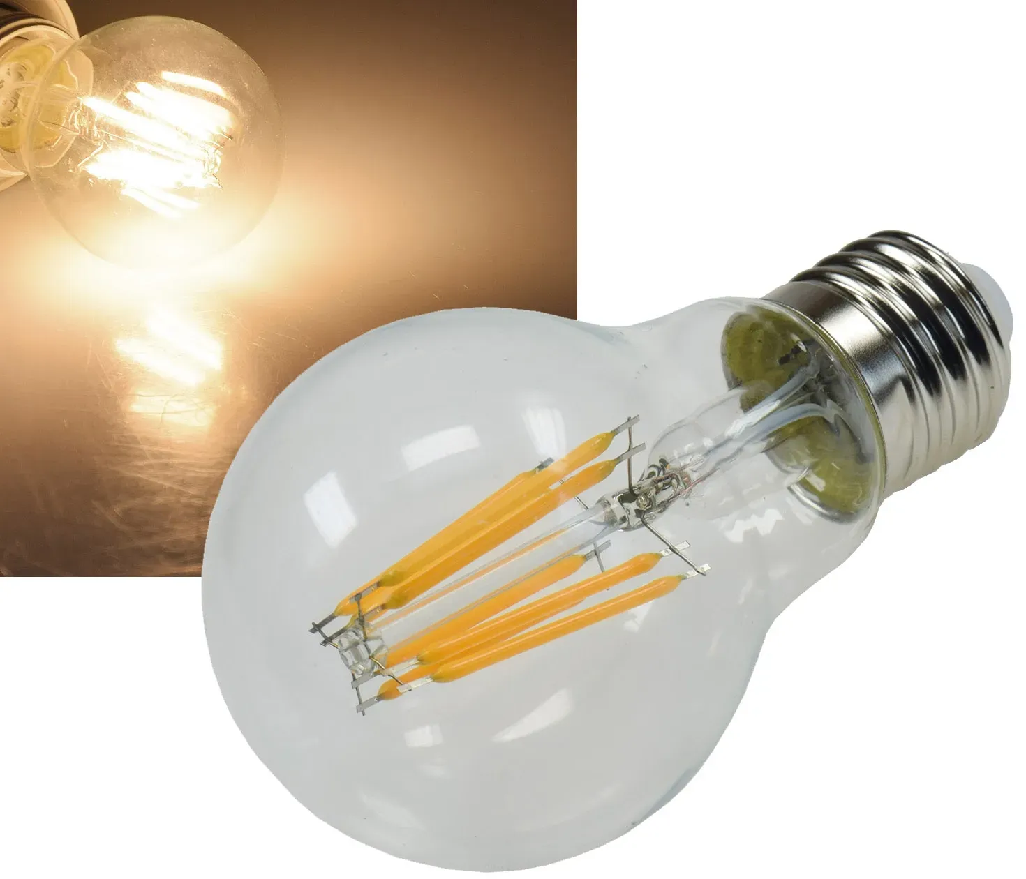 LED Glühlampe E27 “Filament G60k” klar 3000K, 919lm, 230V / 8W, warmweiß LED Glühlampe E27 “Filament G60k” klar 3000K, 919lm, 230V / 8W, warmweiß