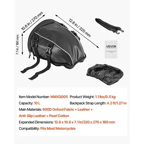 VEVOR Motorrad Hecktasche Rücksitztasche (10 L) mit wasserfester Regenabdeckung, Motorrad-Gepäckaufbewahrung, Gepäckträgertasche mit Schultergurt & Innentasche, Motorradgepäck Schwarz – Bild 6