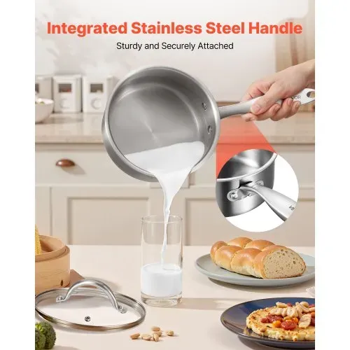 VEVOR Kochtopf Kasserolle Stielkasserolle 1,42 L mit Glasdeckel, Suppentopf Gemüsetopf mit ergonomischem Griff, Milchtopf aus Edelstahl Gemüsetopf, Silber spülmaschinengeeignet Soßentopf – Bild 5