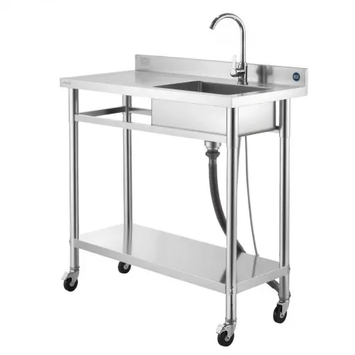 VEVOR Spültisch Spülbecken Edelstahl (1000 x 500 x 1055 mm), Einzelbecken mit Wasserhahn & Rädern, Küchenspüle für Garage Restaurant Wäscherei, Waschtisch Außenspüle mit Arbeitsplatte (links) – Bild 8