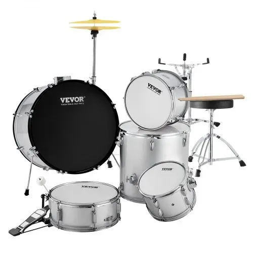 VEVOR Schlagzeug, 5-teilig, Drum in voller Größe mit Bass-/Tom-Drums, Snare, Standtrommel, verstellbaren Thronständern, Becken, Hi-Hat-Pedal und Drumsticks, Anfänger-Schlagzeug, Silber – Bild 9