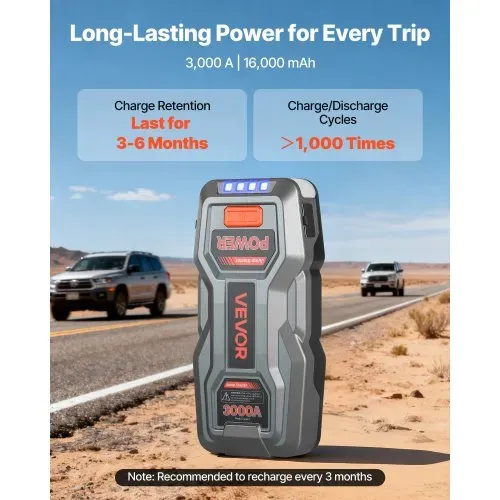 VEVOR Starthilfe Powerbank, Starthilfegerät 3000A Spitzenstrom mit LED-Taschenlampe & Kabel für Motor bis zu 9L Benzin/7L Diesel, Tragbarer Booster mit Schnellladung & Sicherheitsschutz für Notfall – Bild 2