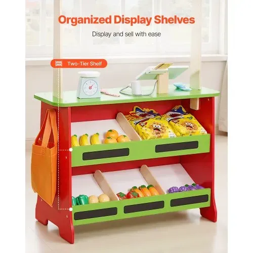 VEVOR 2-in-1 Spielset Puppentheater aus Holz mit Vorhängen, Kaufmannsladen, doppelseitiges Holzspiel mit Tafel und Registrierkasse, Marktstand zum Rollenspiel für Kinder ab 3 Jahren – Bild 4