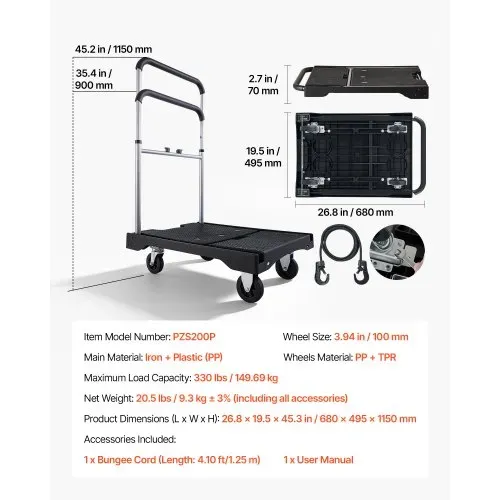 VEVOR Plattformwagen Klappbar 150kg, Transportwagen mit Lenkrolle, Handwagen mit Rutschfester Ladefläche & Verstellbarem Griff, Klappwagen Transporthilfe, 680x495x1150 mm Rollwagen für Lager – Bild 6