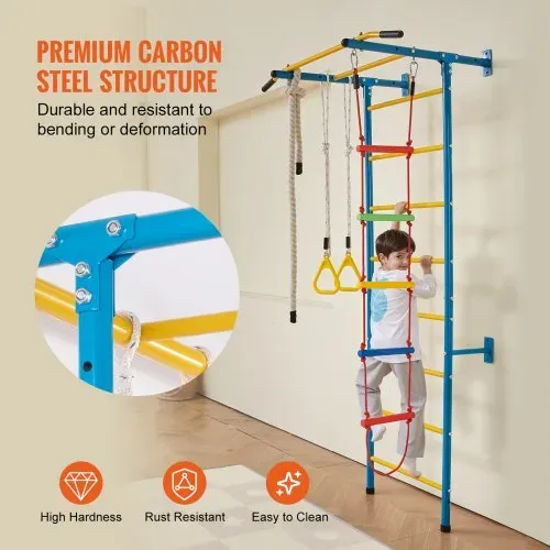 VEVOR Sprossenwand Turnwand Klettergerüst für Kinder (ab 3 Jahren), 5-in-1-Set mit schwedischer Leiter aus Karbonstahl, Klimmzugstange & Strickleiter & Turnringen 100 kg belastbar mehrfarbig – Bild 3
