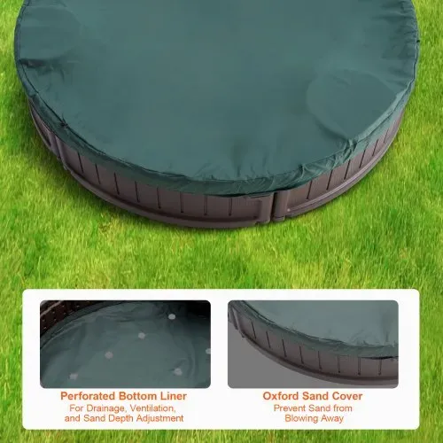VEVOR Sandkasten mit Abdeckung, 183 x 105 x 23 cm, ovaler Sandkasten, HDPE-Sandgrube mit 4 Ecksitzen und Bodenauskleidung, Kindersandkasten für Garten, Strand, Park, Geschenk für Jungen und Mädchen im Alter von 3–12 Jahren, braun – Bild 4