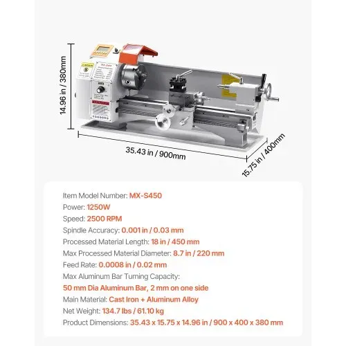 VEVOR Metalldrehmaschine 220x450 mm Tischdrehmaschine Automatischer Vorschub 2500 U/min Drehzahl 1250 W Bürstenloser Motor, mit Zubehör, Drehmaschine für die Bearbeitung von Präzisionsteilen – Bild 6