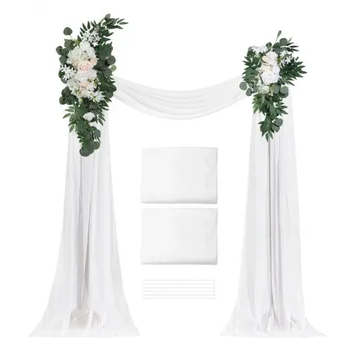 VEVOR Blumenset für Hochzeit Bogen, weiße Blumen für Traubogen mit Vorhängen (4er-Set) – 2 Blumenarrangements, 2 transparente Vorhänge, für Zeremoniensträuße, Empfangshintergrunddekoration – Bild 8