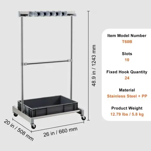 VEVOR Gartengeräte Ständer 1243x508x660mm Gerätehalter Organizer Edelstahl PP Mehrzweck Gartengeräteaufbewahrungsregal 10 Werkzeugfächer 24 Haken Gartenwerkzeug Halter Besenhalter – Bild 6
