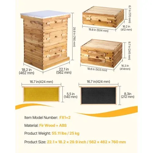 VEVOR Bienenstock, Zander Beute für 30 Rahmen, mit Bienenwachs beschichtetes Holz, 2 tiefe + 1 mittelgroßer Bienenkasten, Langstroth-Bienenstock-Set, transparente Acrylfenster mit Fundamenten – Bild 6