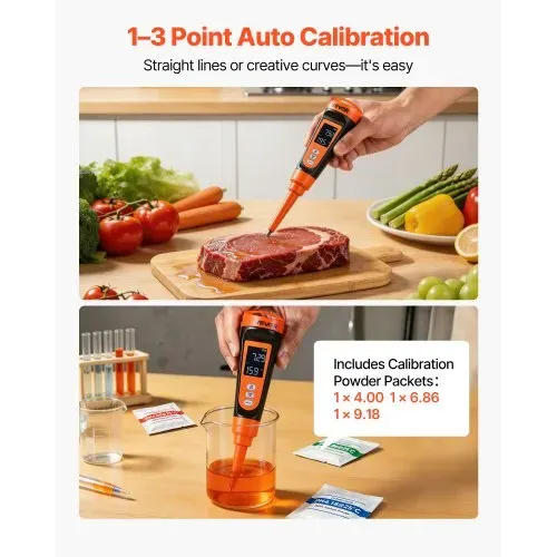 VEVOR pH-Meter für Lebensmittel, Messbereich 0–14, Wasserdichte Sonde (IP68), Messgerät mit Automatischer Temperaturkompensation, Kalibrierpulver, für Lebensmittelfermentation, Teig & Fleisch – Bild 2