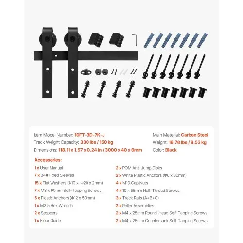 VEVOR 3 m Schiebetürsystem Beschlag für einzelne Schiebetür, 150 kg, kompatibel mit einer maximalen Breite von 1524 mm & einer Dicke von 1-3/8 bis 1-3/4 Zoll, Schiene & J-förmige Rolle, Schwarz – Bild 6