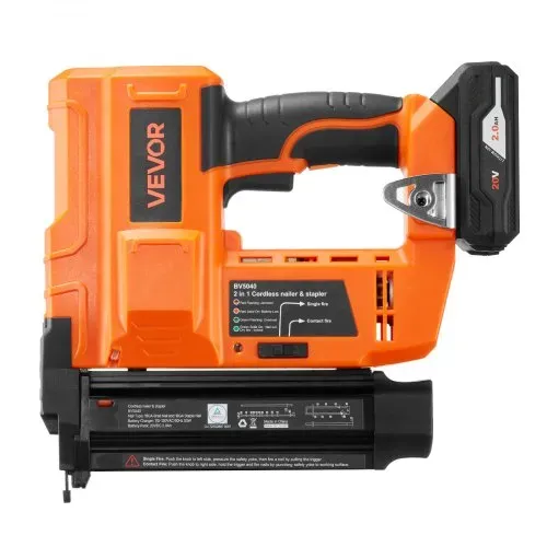 VEVOR 2 in 1 Akku-Nagler 18 Gauge 20 V Akku-Nagler und Tacker, 100 Nägel/min, mit 500 Nägeln & 500 Klammern & 2,0 Ah Lithiumbatterie & Ladegerät, für Heimwerkerarbeiten Holzbearbeitung Orange – Bild 9
