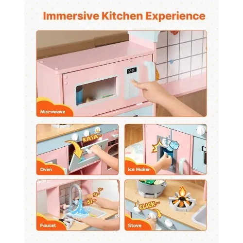 VEVOR Spielküche für Kinder, Holzspielzeug-Küchenset mit Lichtern und Geräuschen, Kleinkinderküche mit Eismaschine, Ofen, Spüle, Mikrowelle, Kühlschrank und Utensilien- und Obstzubehör für Kleinkinder im Alter von 3–8 Jahren, Rosa – Bild 3