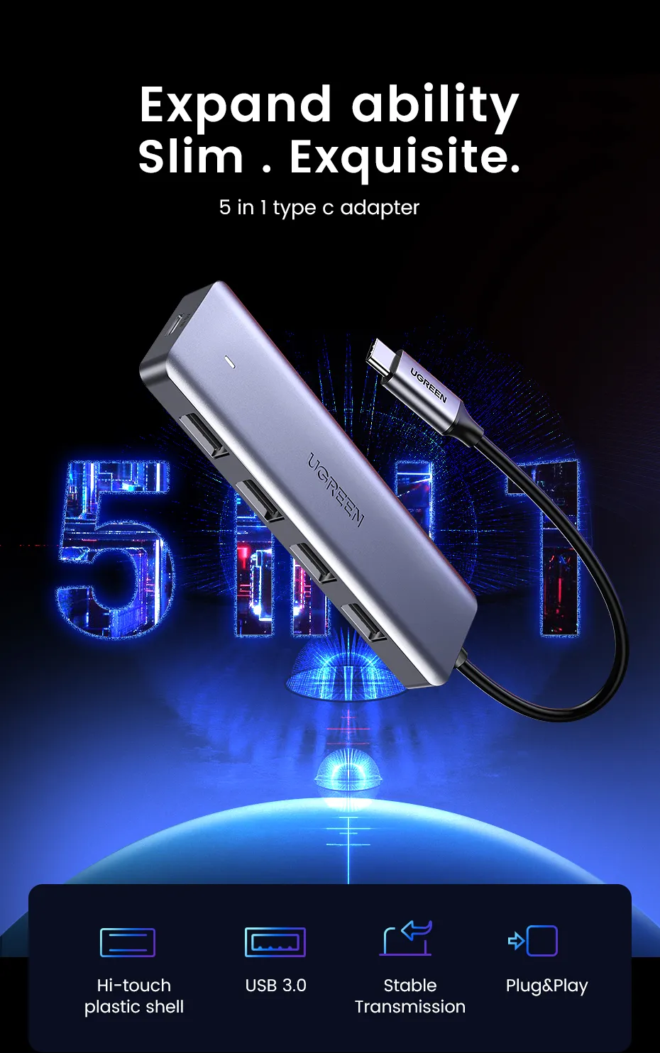 Ugreen 70336 Schnittstellen-Hub USB 3.2 Gen 1 (3.1 Gen 1) Type-C 5000 Mbit/s – Bild 3