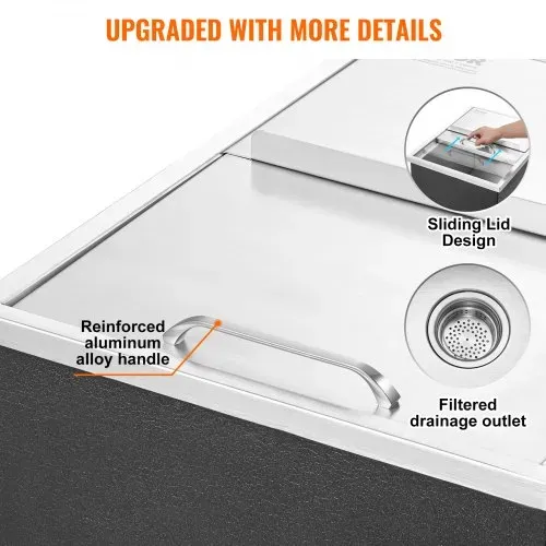 VEVOR 55,23 L Drop-in-Eisbox, 608 x 457 x 333 mm Edelstahl-Eiskühler, Kommerzieller Eisbehälter mit Schiebedeckel, Eingebaute Eisspeichertruhe, Abflussrohr & Ablassstopfen im Lieferumfang Enthalten – Bild 4
