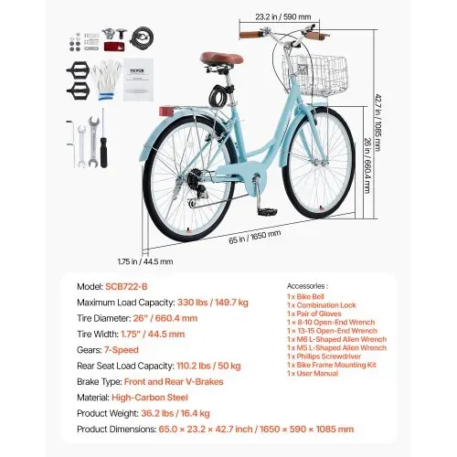 VEVOR Cruiser Fahrrad mit 7 Gängen (Reifendurchmesser 660,4 mm)Beach Fahrrad mit großem Korb & Gepäckträger, Cruiser-Fahrrad mit verstellbarem Sitz, für Radfahren & Trainieren & Einkaufen Blau – Bild 6