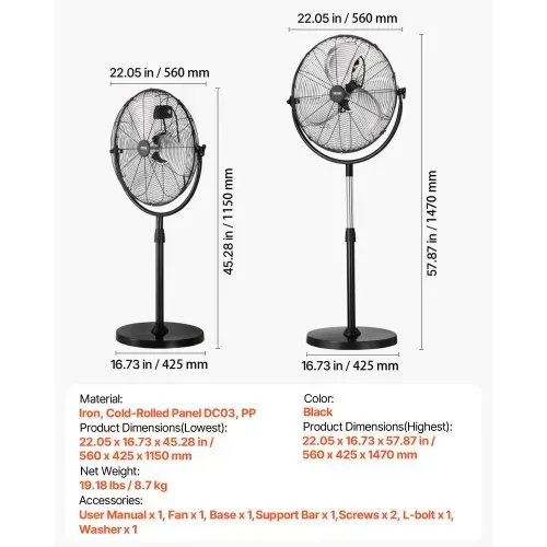 VEVOR Industrieller Standventilator, 560 mm Ventilator mit 115-147 cm einstellbarer Höhe, Bodenventilatoren mit 3 einstellbaren Geschwindigkeiten, Windmaschine für Wohnzimmer, Zuhause, Büro, Schwarz – Bild 6