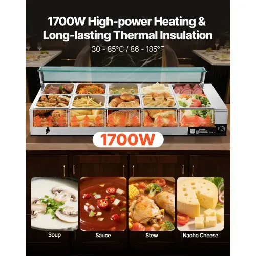 VEVOR kommerzieller Speisenwärmer (10 x 1/2 Größe Behälter), 1,7 kW elektrischer Wärmebehälter aus Edelstahl mit Glasabdeckung & Suppenkelle, Chafing Dishes für Catering Restaurant Party VEVOR kommerzieller Speisenwärmer (10 x 1/2 Größe Behälter), 1,7 kW elektrischer Wärmebehälter aus Edelstahl mit Glasabdeckung & Suppenkelle, Chafing Dishes für Catering Restaurant Party