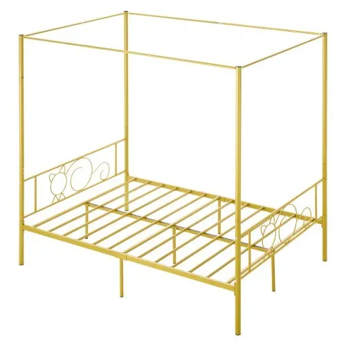 VEVOR Himmelbettrahmen (Full Size), Metallhimmelbett mit minimalistischem Kopfteil & Himmelbett-Design, robuste Stahllattenstütze (rund), Stauraum unter dem Bett, kein Boxspring erforderlich, Gold – Bild 9
