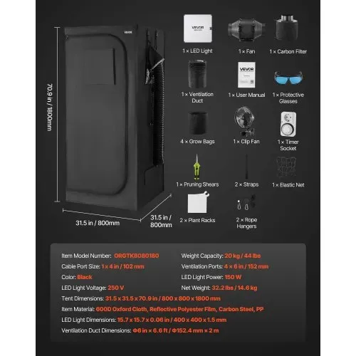VEVOR Growzelt, 80x80x180 cm, Indoor-Pflanzenzelt mit Vollspektrum-LED-Zuchtlicht & Belüftungssystem, Growbox 600D hochreflektierendes Mylar, Zuchtzelte, Gewächshaus für Blumen & Gemüse – Bild 2