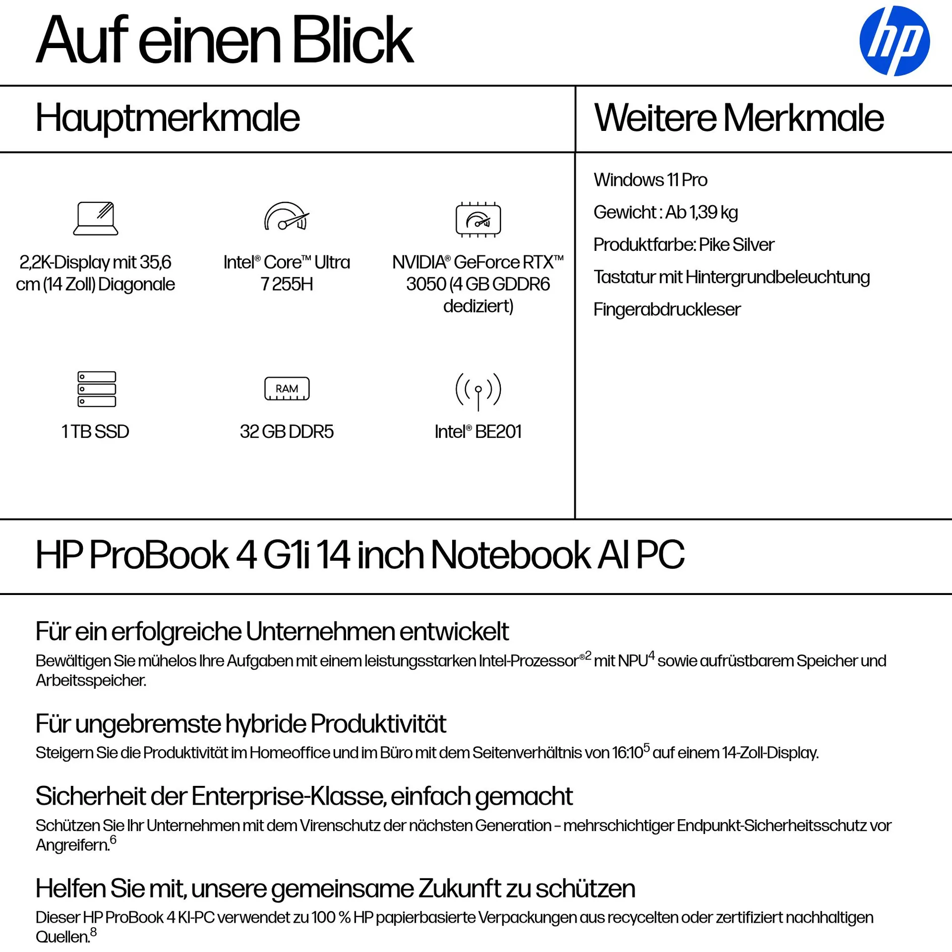 HP ProBook 4 G1i AI Intel Core Ultra 7 255H Laptop 35,6 cm (14") 2.2K 32 GB DDR5-SDRAM 1 TB SSD NVIDIA GeForce RTX 3050 Wi-Fi 7 (802.11be) Windows 11 Pro AI PC Silber – Bild 3