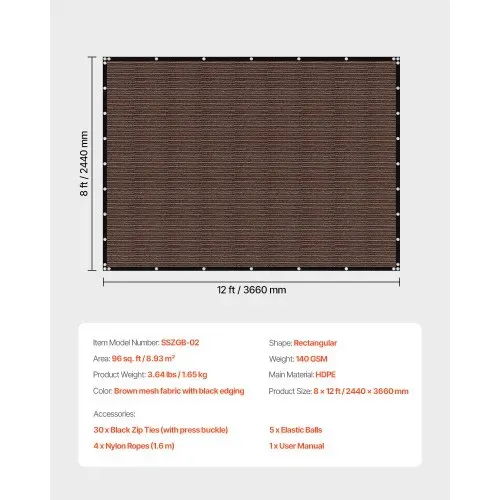 VEVOR 90 % Sonnenschutztuch Sichtschutz Schattenabdeckung (244 x 366 cm) für Pergola mit Edelstahlösen, Sonnensegeltuch mit 140 g/m² HDPE-Material, für Outdoor Terrasse Garten Hinterhof (braun) – Bild 6