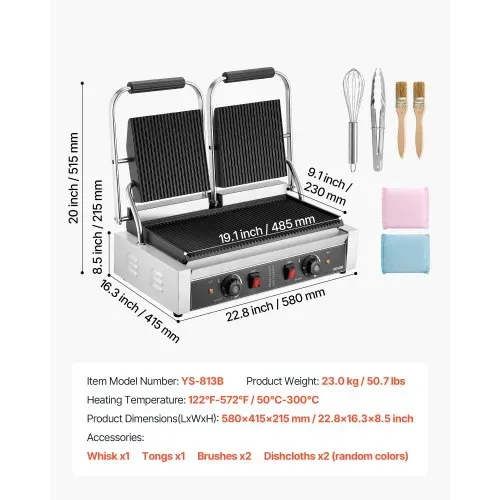 VEVOR kommerzieller Kontaktgrill 3600 W Elektrogrill Sandwichmaker (Doppelbackplatten) Panini Presse aus Edelstahl mit Temperaturregelung, 48 x 23 cm gerillte Emailleplatte für Hamburger Steak Speck – Bild 6
