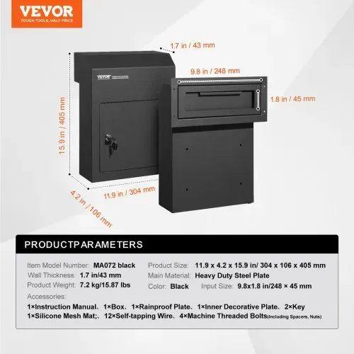 VEVOR Mauerdurchwurf Briefkasten, robuster Stahl-Einbaubriefkasten für Türen mit einer Stärke von 43 mm, Durchwurfbriefkasten inkl. 2 Schlüssel, 304 x 106 x 405 mm Briefkasten, Schwarz – Bild 6