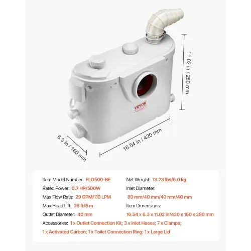 VEVOR Hebeanlage, 500 W, 110 L/min Durchfluss, 8 m Förderhöhe, Schmutzwasserpumpe mit 4 Wassereinlässen, Abwasserhebeanlage für Toilette, Keller, Dusche, Waschbecken, Waschküche, Badewanne – Bild 6