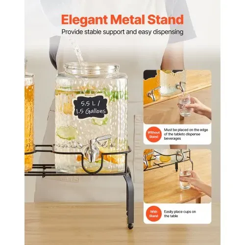 VEVOR Getränkespender (2 x 5,5 L) für Partys Saftspender (aus Glas) mit tropfsicherem Zapfhahn & Metallständer Wasserspender für Restaurants Partys, Limonade selbstgemachte Getränke Spender – Bild 4