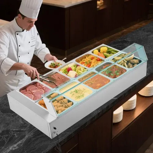 VEVOR kommerzieller Speisenwärmer (10 x 1/2 Größe Behälter), 1,7 kW elektrischer Wärmebehälter aus Edelstahl mit Glasabdeckung & Suppenkelle, Chafing Dishes für Catering Restaurant Party – Bild 7