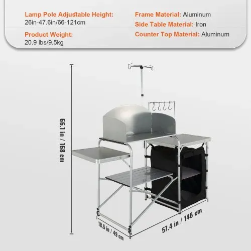 VEVOR Campingküche Outdoor Faltbar 78 x 49 x 13 cm, Alu Campingschrank, Camping Küche mit Windschutz, Campingmöbel Reiseküche inkl. Haken & Lampenmast 66-121 cm, Küchenschrank Campingtisch Reisen – Bild 6