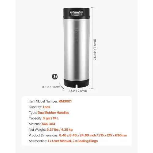 VEVOR Corny Keg Ball Lock Keg 19 L, SUS304 Cold Brew Eimer Fass mit zwei Gummigriffen & robustem Gummiboden, Brauausrüstung für Heimbraupartys Bar Bistro Restaurant Café, 1 Stk. – Bild 6