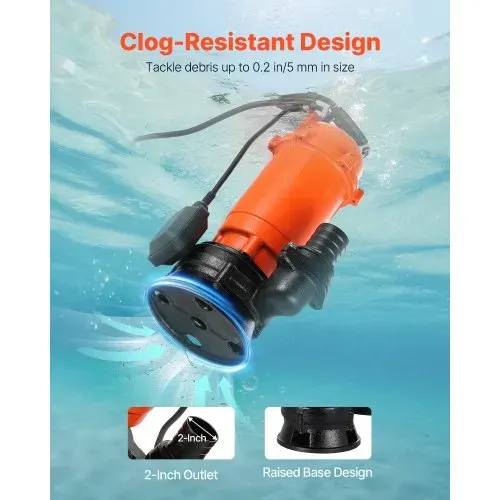 VEVOR 1500 W Tauchpumpe, 21000 l/h, Gusseisen-Schmutzwasserpumpe mit automatischem Schwimmerschalter, 18m Förderhöhe zum Abpumpen von Schmutzwasser, für Pools, Teiche & überflutete Bereiche – Bild 5
