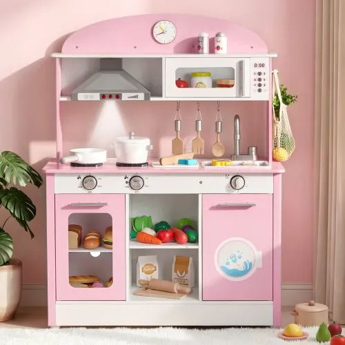 VEVOR Spielküche für Kinder, Kinderküche aus Holz mit Licht & Sound, Holzküche mit Herd Backofen Spüle Mikrowelle Dunstabzug & Geschirrspüler, Küchenspielzeug mit Kochset für Kinder ab 3 Jahren, Rosa VEVOR Spielküche für Kinder, Kinderküche aus Holz mit Licht & Sound, Holzküche mit Herd Backofen Spüle Mikrowelle Dunstabzug & Geschirrspüler, Küchenspielzeug mit Kochset für Kinder ab 3 Jahren, Rosa
