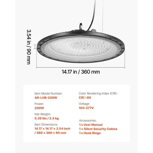 VEVOR 10er-Pack LED-Hallenstrahler, 5000 K, 200 W, 30000 lm, UFO-LED-Hallenbeleuchtung, IP65 wasserdicht, 100–277 V Weitspannung für Lager, Werkstatt, Fabrik, Fitnessstudio, Garage, Scheune – Bild 6