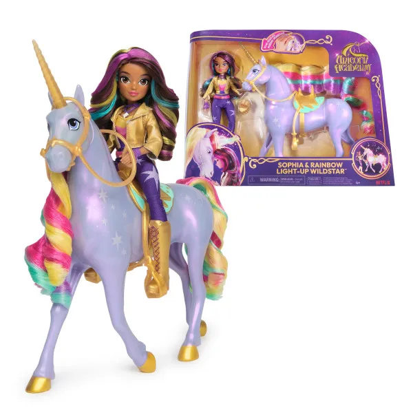 Unicorn Academy – Sophia und Licht-Magie Wildstar Deluxe Set, 28 cm Einhorn mit Lichteffekten und Musik, 24 cm Ankleidepuppe, passend zur Netflix Serie, ab 4 Jahren Unicorn Academy – Sophia und Licht-Magie Wildstar Deluxe Set, 28 cm Einhorn mit Lichteffekten und Musik, 24 cm Ankleidepuppe, passend zur Netflix Serie, ab 4 Jahren