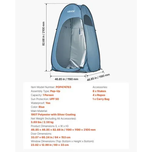 VEVOR Pop Up Toilettenzelt 119x119x210 cm, Zelt mit Sofortaufbau, Umkleidezelt inkl. Heringen & Seilen & Tragetasche, aus 190T Polyester ideal für Camping Strand Angeln Blau – Bild 6