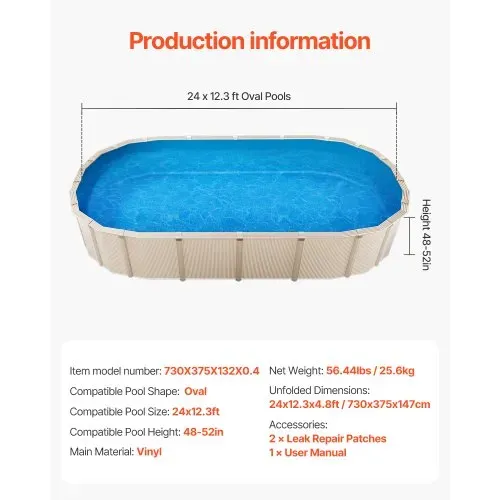VEVOR Ovale Poolfolie, 730x375x147 cm, Innenfolie, Ersatzfolie, Innenhülle, Schwimmbadfolie Folie aus Vinyl in Standardstärke, verschleißfest, für Aufstellpools mit 132 cm hohen Wänden, einfarbig – Bild 6